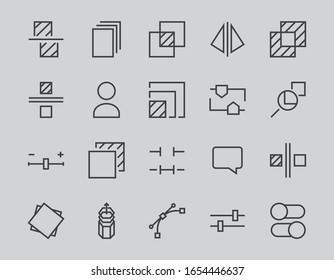 Un simple conjunto de iconos de línea vectorial relacionados con la edición de imágenes. Contiene iconos como recorte, copia, escala, rotación y más. Trazo editable. 48x48 Pixel Perfecto. Sobre fondo blanco.