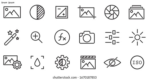 Simple Set of Image Editing Related Vector Line Icons. Contains such Icons as Image Gallery, Auto Correction, Adjustments and more. Editable