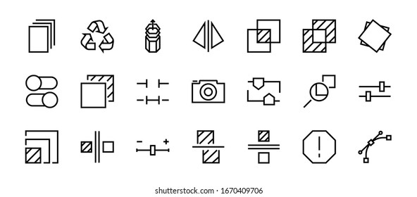 Un simple conjunto de iconos de línea vectorial relacionados con la edición de imágenes. Contiene iconos como recorte, copia, escala, rotación y más. Trazo editable. 48x48 Pixel Perfecto. Sobre fondo blanco.