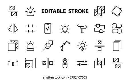 Un conjunto simple de iconos de línea vectorial relacionados con la edición de imágenes. Contiene iconos como recorte, copia, escala, rotación y más. Trazo editable. 48x48 Pixel Perfecto. Sobre fondo blanco.