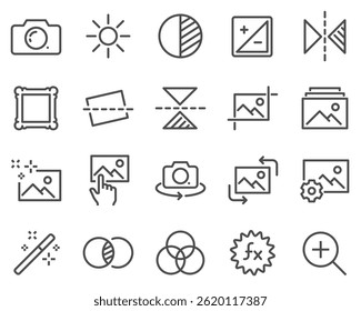 Simple Set of Image Editing Related Vector Line Icons. Contains such Icons as Image Gallery, Auto Correction, Adjustments and more.
