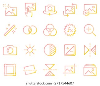 Conjunto Simples de Edição de Imagem Ícones de Linha de Vetor Relacionados. Contém ícones como Galeria de imagens, Correção automática, Ajustes e muito mais.