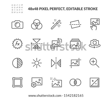 Simple Set of Image Editing Related Vector Line Icons. Contains such Icons as Image Gallery, Auto Correction, Adjustments and more. Editable Stroke. 48x48 Pixel Perfect.