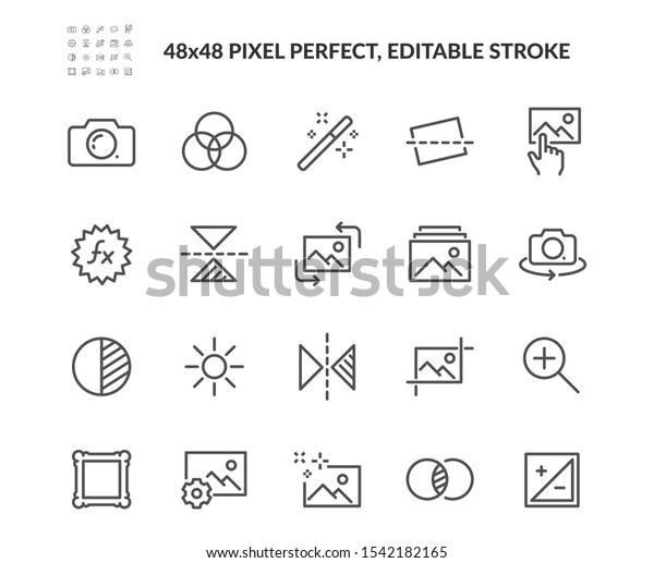 イメージ編集に関連するベクトル線のアイコンの簡単なセット イメージギャラリー 自動修正 調整 などのアイコンが含まれます 編集可能なストローク 48 X 48ピクセルパーフェクト のベクター画像素材 ロイヤリティフリー
