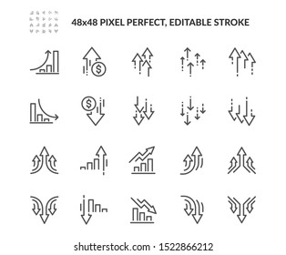 Simple Set of Increase and Decrease Related Vector Line Icons. 
Contains such Icons as Finance Chart, Abstract Graph, Trend and more.
Editable Stroke. 48x48 Pixel Perfect.