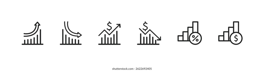 Simple Set of Increase and Decrease Related Vector Line Icons. Contains such Icons as Finance Chart, Abstract Graph, Trend and more. Editable Stroke.