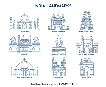 Simple Set of India Landmarks Related Vector Line Icons. Contains such Icons as Taj Mahal, Golden Temple, Meenakshi Temple, Red Fort and more