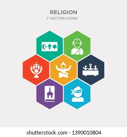 simple set of indulgence, jihad, koran, last supper icons, contains such as icons lotus position, menorah, monk and more. 64x64 pixel perfect. infographics vector