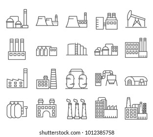 Simple Set of industrial building Related Vector Line Icons. Contains such Icons as warehouse, factory, oil plant, production workshop, manufacture and more.