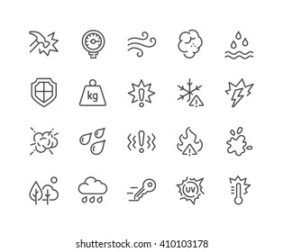 Simple Set of Influence Related Vector Line Icons. Contains such Icons as Water Resistance, Heat, Dust, Impact, Scratch, UV rays, Waterproof, Shockproof and more. Editable Stroke. 48x48 Pixel Perfect. - Shutterstock ID 410103178