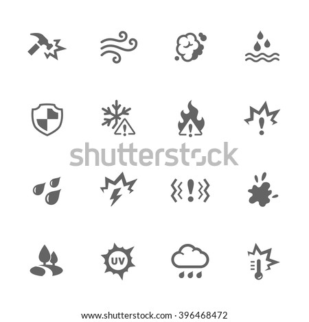 Simple Set of Influence Related Vector Icons. Contains such icons as water resistance, heat, dust and more. 