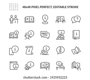 Simple Set of Info and Help Desk Related Vector Line Icons. 
Contains such Icons as Manual, Guide Reading, Info center and more. Editable Stroke. 48x48 Pixel Perfect.