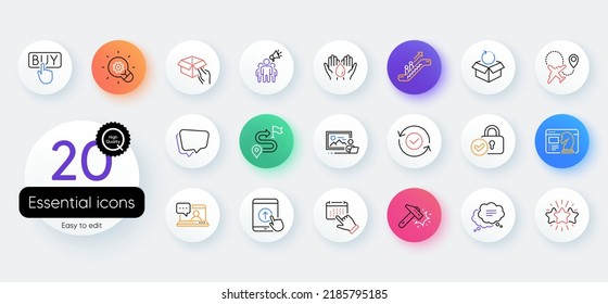 Conjunto simple de íconos de línea de Innovación, Burbuja de voz y Evento. Incluya el localizador verificado, el paquete Return y los iconos de Escalador. Avión, viaje, compra de elementos web. Estrategia Seo. Vector