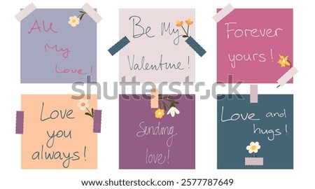 Simple set of inscriptions with St. Valentine. Set of hand-drawn cute cozy notes, letter. Love, romance, infatuated. Vector