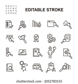 Simple Set of Inspection Related Vector Line Icons. Contains such Icons as Check, Testing, Examination, Data search and more. Editable Stroke. Eps 10.