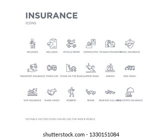 Simple Set Of Insurance Vector Line Icons. Contains Such Icons As Real Estate Insurance, Rear End Collision, Repair, Robbery, Shake Hands, Ship Insurance, Side Crash, Sinking, Slippery Road And