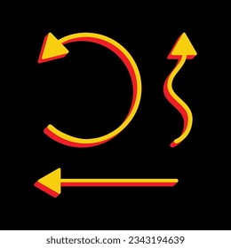 Simple set to Interface Arrows. 3D Extruded Yellow Icon with Red Sides a Black background. Illustration.