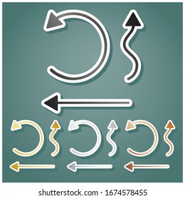 Simple set to Interface Arrows. Set of metallic Icons with gray, gold, silver and bronze gradient with white contour and shadow at viridan background. Illustration.