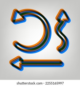 Simple set to Interface Arrows. Stroked Icon in orange, azure and old lavender Colors at gray Background. Illustration.