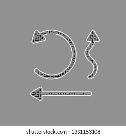 Simple set Interface Arrows. Vector. Black maze filled icon with white border at gray background.