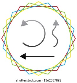 Simple set to Interface Arrows. Vector. Black icon with patch of light inside colorful hexagonal frames at white background.