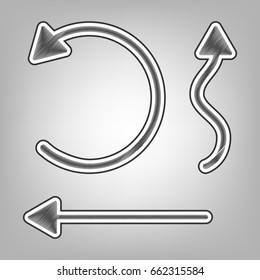 Simple set to Interface Arrows. Vector. Pencil sketch imitation. Dark gray scribble icon with dark gray outer contour at gray background.