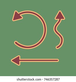 Simple set to Interface Arrows. Vector. Cordovan icon and mellow apricot halo with light khaki filled space at russian green background.