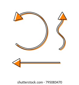 Simple set to Interface Arrows. Vector. Black line icon with shifted flat orange filled icon on white background. Isolated.