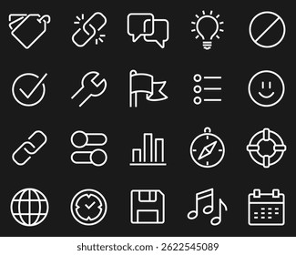 A simple set of interface related vector line icons. Contains icons such as Options, Help, Multimedia, Links, Tags and more.