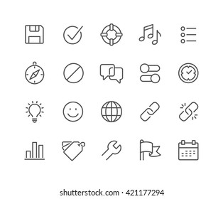 Simple Set of Interface Related Vector Line Icons. 
Contains such Icons as Settings, Help, Media, Links, Tags and more. 
Editable Stroke. 48x48 Pixel Perfect. 