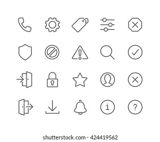 Simple Set of Interface Related Vector Line Icons. 
Contains such Icons as Settings, Log in, Log out, Search, Notification and more. 
Editable Stroke. 48x48 Pixel Perfect. 