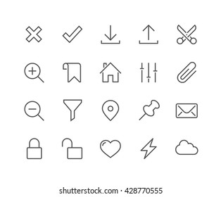 Simple Set of Interface Related Vector Line Icons. 
Contains such Icons as Accept, Decline, Zoom, Lock, Unlock, Download, Upload and more. 
Editable Stroke. 48x48 Pixel Perfect. 