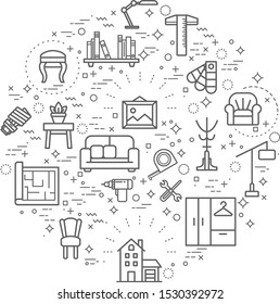 Simple Set of interior and furniture Related Vector Line Illustration. Contains such Icons as home decoration, sofa, bulb, couch and Other Elements. 