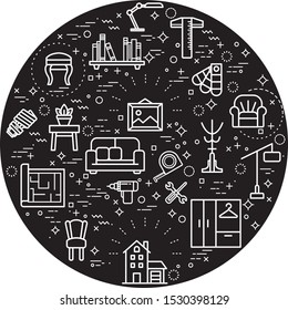 Simple Set of interior and furniture Related Vector Line Illustration. Contains such Icons as home decoration, sofa, bulb, couch and Other Elements.