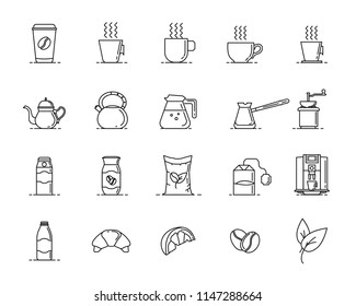 Simple Set for International coffee day.  Related Vector Line Icons. Contains such Icons as cup, tea, coffe, turk, coffe bean, milk, croissant and more. Cute vector icons.
