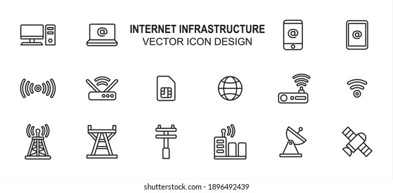 Simple Set of internet infrastructure Related lineal style Vector icon user interface graphic design. Contains such Icons as computer desktop, laptop, mobile phone, router, modem, transmitter tower