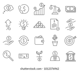 Simple Set of investment Related Vector Line Icons. Contains such Icons as finance, income, growth, deposits, interest rate, Bank, bill, cash, e-Commerce and more. 