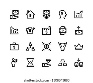 Simple Set of Investment Related Vector Line Icons. Contains such Icons as fund, home, money plant, increase and More. pixel perfect vector icons based on 32px grid. Editable Strokes