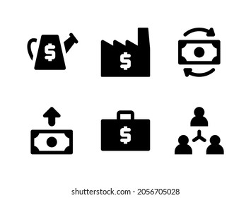 simple set of investment related vector solid icons contains icons as watering can factory cash flow increase and more