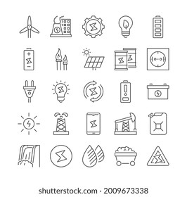 Conjunto simple de tipos de energía aislados Iconos de línea de vectores. Contiene iconos como Socket, Cañón, plataforma de aceite, estación de energía hidroeléctrica, batería, celdas solares, bombilla, combustible fósil. Stroke editable.