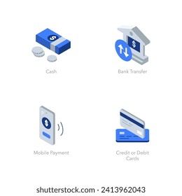 Simple set of isometric flat icons for payment methods. Contains such symbols as Cash, Credit or Debit cards, Mobile Payment and Bank Transfer.