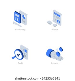 Simple set of isometric flat icons for accounting. Contains such symbols as Accounting, Invoice, Audit and Income.