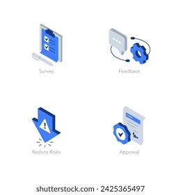 Simple set of isometric flat icons for business. Contains such symbols as Survey, Feedback, Reduce risks and Approval.
