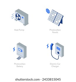 Simple set of isometric flat icons for renewable energy. Contains such icons as Heat pump, Photovoltaic panels, Photovoltaic battery and Electric car charger.