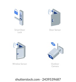 Simple set of isometric flat icons for home security 1. Contains such icons as Smart door lock, Door sensor, Window sensor and Outdoor camera.