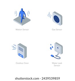 Simple set of isometric flat icons for home security 2. Contains such symbols as Motion sensor, Gas sensor, Outdoor siren and Water leak sensor.