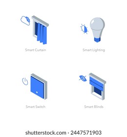 Simple set of isometric flat icons for smart home 1. Contains such symbols as Curtain, Smart Lighting, Smart Switch and Smart Blinds.