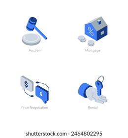 Simple set of isometric flat icons for real estate. Contains such symbols as Auction, Mortgage, Price Negotiation and Rental.