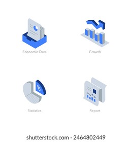 Conjunto simple de iconos planos isométricos para resultados económicos. Contiene símbolos como Datos económicos, Crecimiento, Estadísticas e Informe.