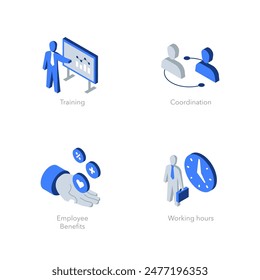 Simple set of isometric flat icons for employment 1. Contains such symbols as Training, Coordination, Employee Benefits and Working hours.